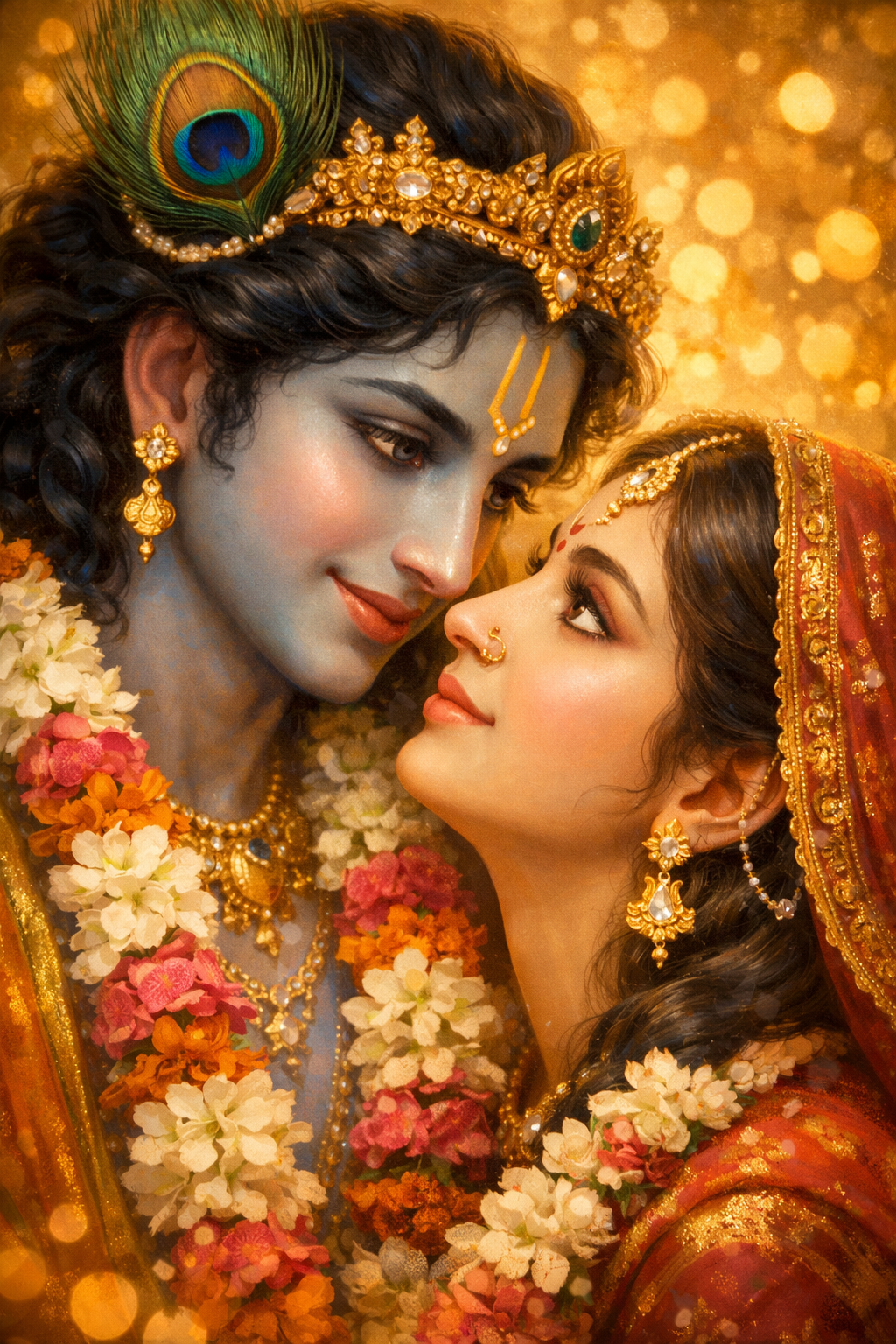 Krishna looking deep into Radhas eyes with soft golden light and flower garlands